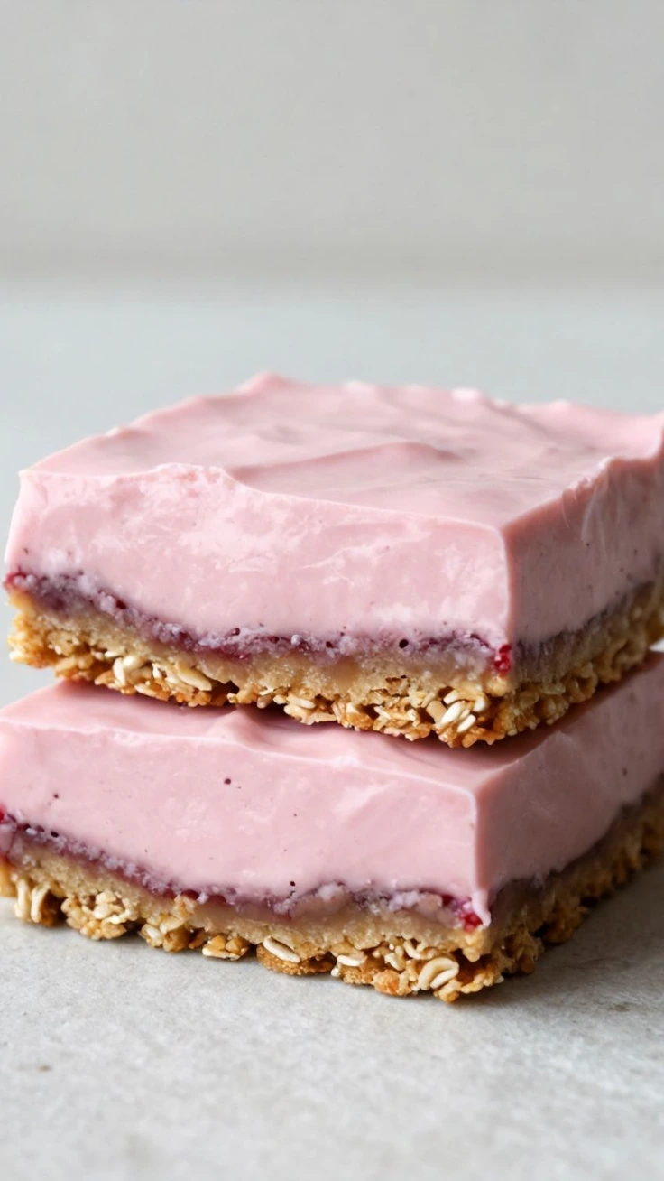 Healthy raspberry yogurt dessert bars on parchment