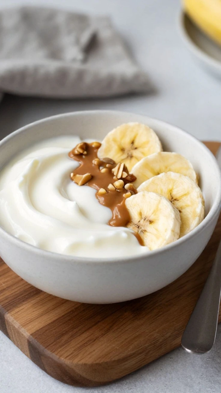 High protein banana skyr snack bowl with nut butter