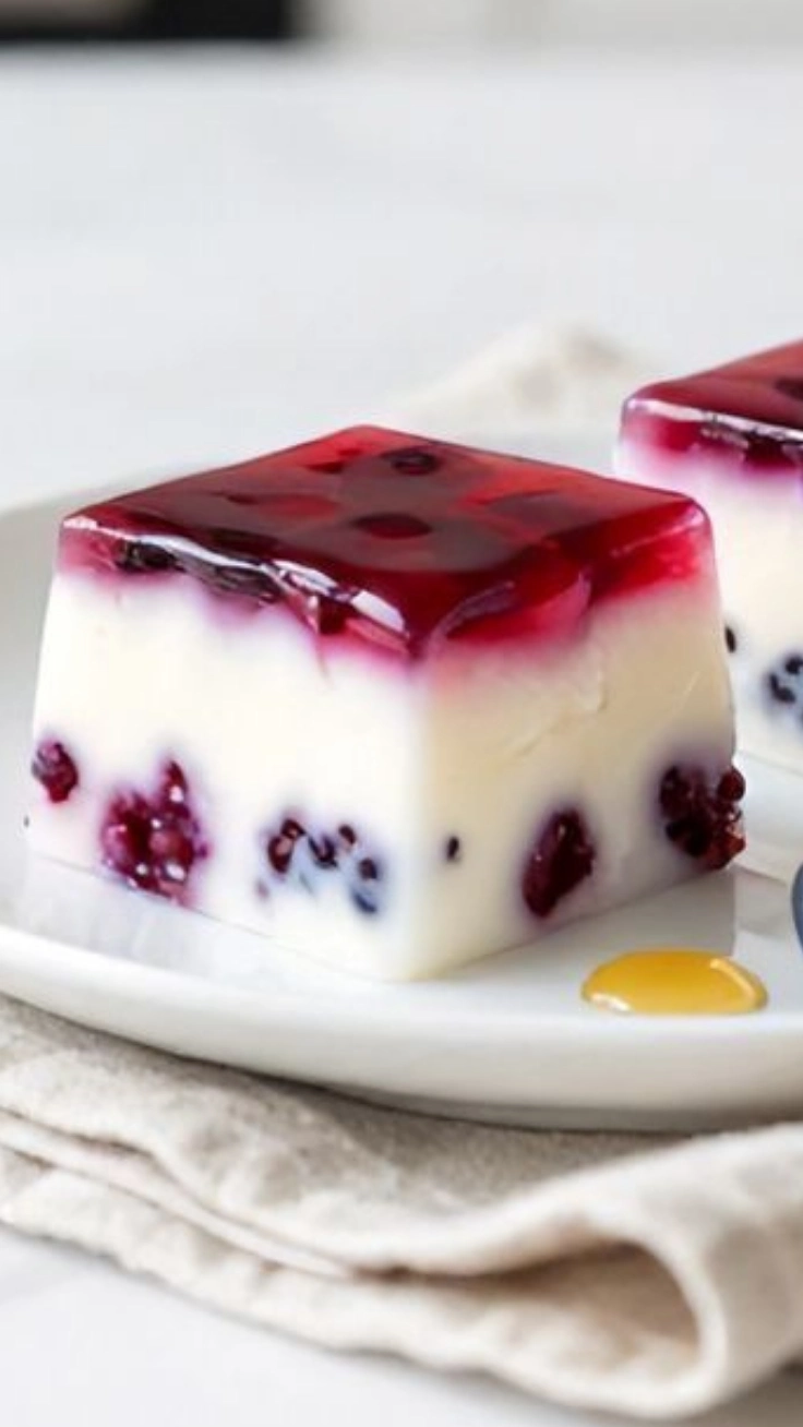 High protein berry gelatin yogurt squares sliced
