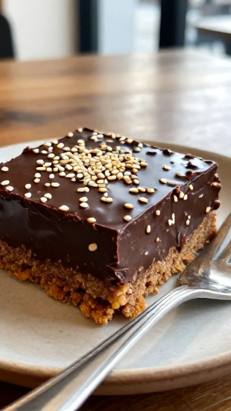 No-bake chocolate sesame squares stacked on a plate