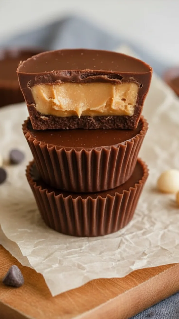 Almond butter cocoa cups stacked with glossy chocolate tops