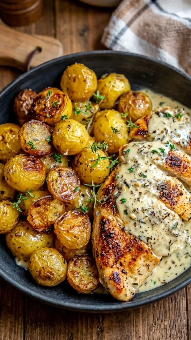 Creamy Garlic Chicken & Potatoes creamy garlic chicken and potatoes in skillet