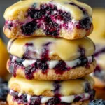 lemon glazed blueberry cookies stacked with glossy icing
