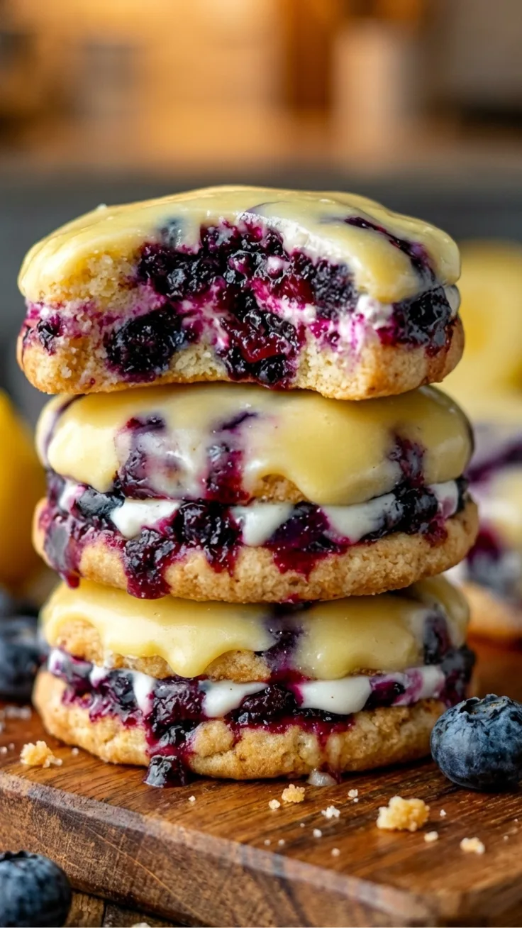 lemon glazed blueberry cookies stacked with glossy icing
