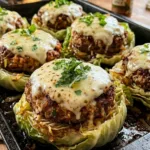 stacked cabbage burgers with dipping sauce