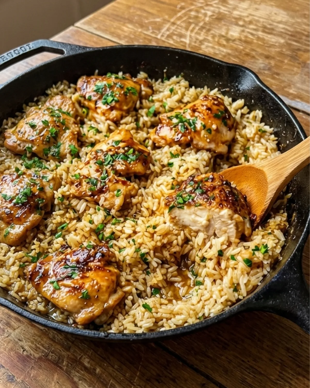 garlic butter chicken rice skillet close up