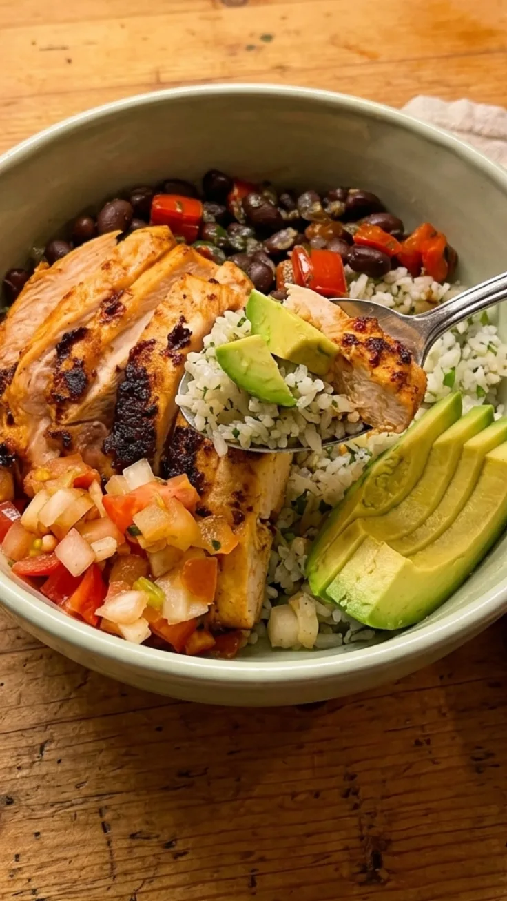 high protein chicken taco bowl with avocado rice and black beans