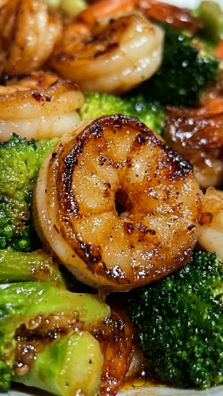 glossy honey garlic shrimp in skillet with sesame seeds