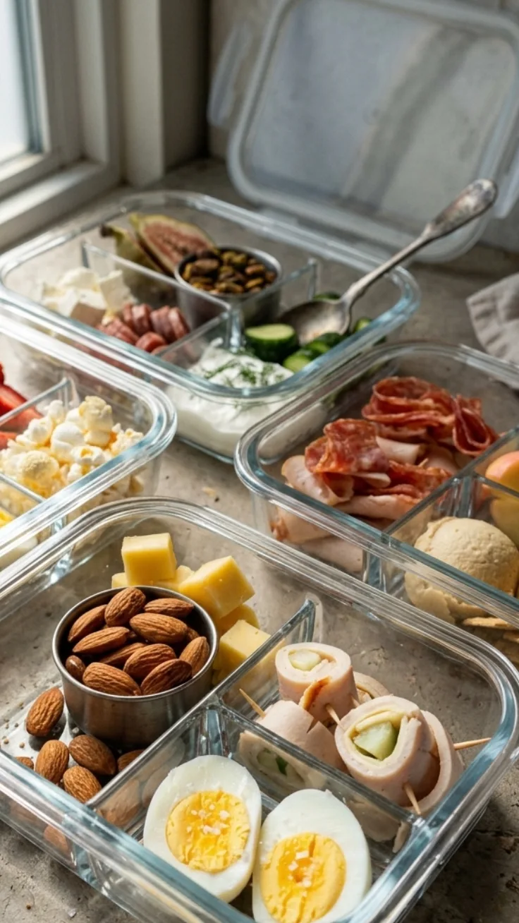 high protein snack boxes with eggs almonds and turkey rolls